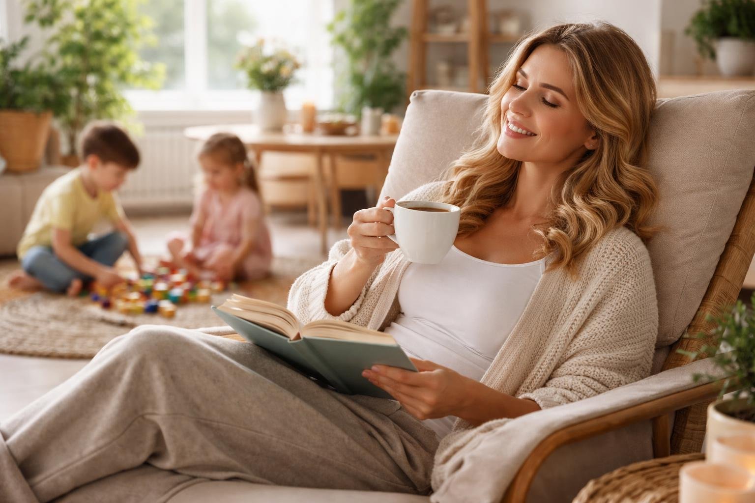 Egy anya pihen, könyvet olvas, míg a gyerekek játszanak a háttérben.