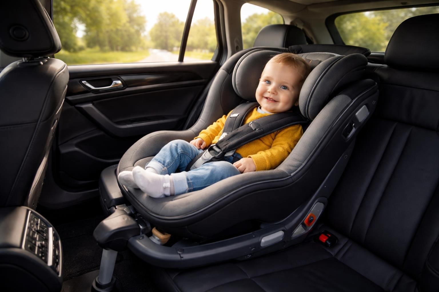 Baba autósülésben utazik, biztonságos autós közlekedés.