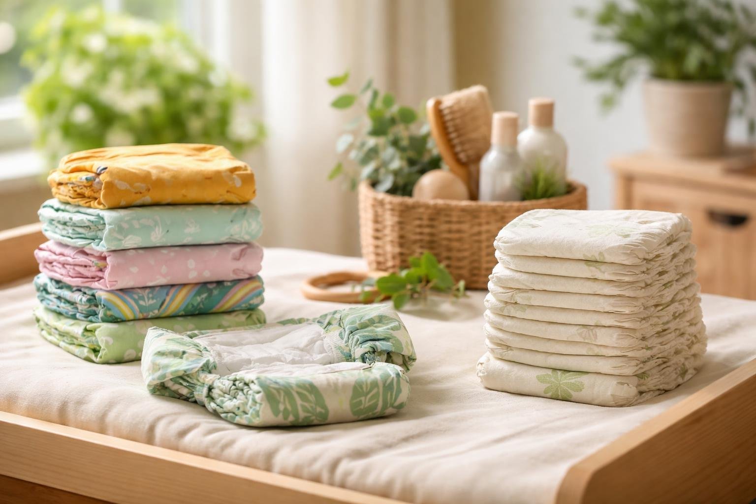 Mosható és öko eldobható pelenkák egy pelenkázóasztalon.