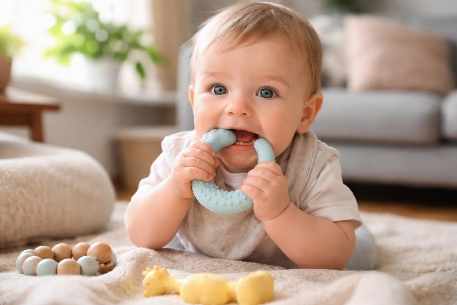 Baba fogzás során, rágókával a szájában, nyüzsgő és boldog.