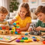 Gyerekek fejlesztő játékokkal játszanak, kreatív tevékenység.