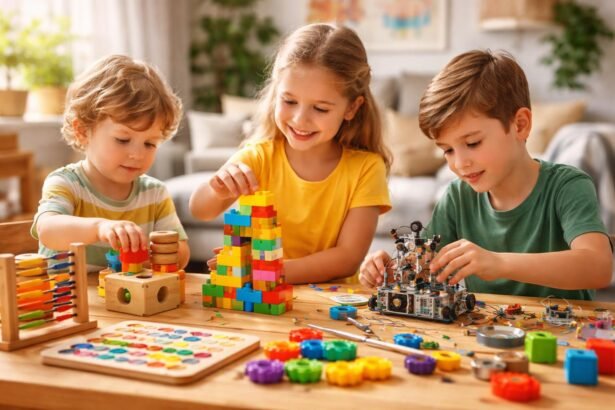 Gyerekek fejlesztő játékokkal játszanak, kreatív tevékenység.