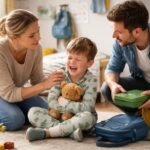 Egy kisfiú, aki nem akar iskolába menni, szülei mellett ül.