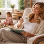 Egy anya pihen, könyvet olvas, míg a gyerekek játszanak a háttérben.