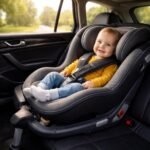 Baba autósülésben utazik, biztonságos autós közlekedés.