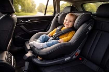 Baba autósülésben utazik, biztonságos autós közlekedés.