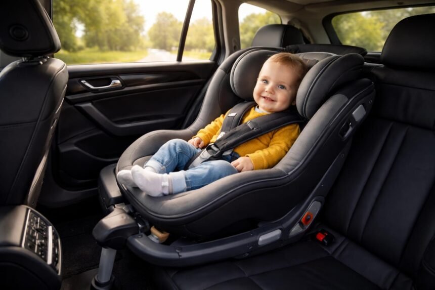 Baba autósülésben utazik, biztonságos autós közlekedés.