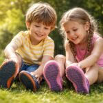 Két gyermek mezítlábas cipőkben fűben ülve, boldogan játszanak.