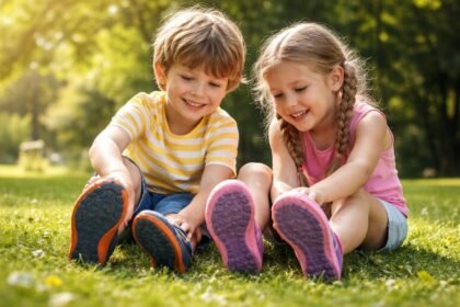 Két gyermek mezítlábas cipőkben fűben ülve, boldogan játszanak.