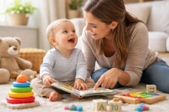 Anya és baba közösen olvasnak, segítve a beszédfejlődést.