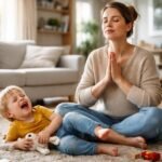 Egy édesanya meditál, míg gyermeke hisztizik a szőnyegen.