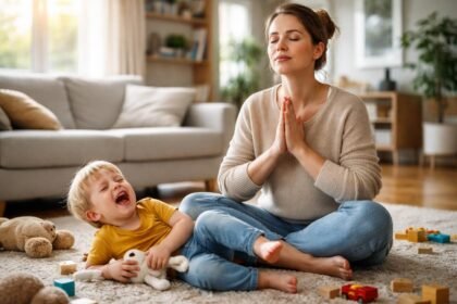 Egy édesanya meditál, míg gyermeke hisztizik a szőnyegen.