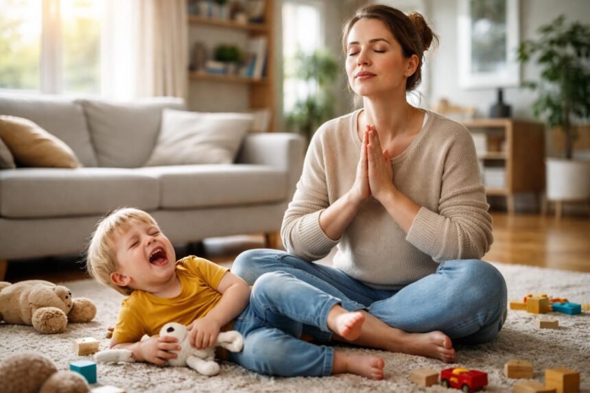 Egy édesanya meditál, míg gyermeke hisztizik a szőnyegen.