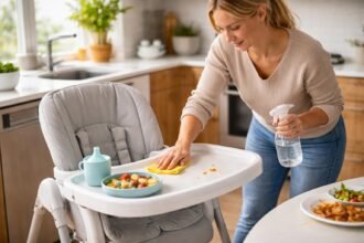 Anyuka takarítja az etetőszéket a konyhában, ételtakarítás közben.