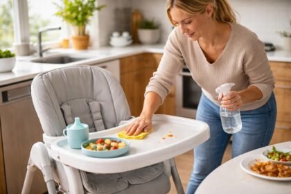 Anyuka takarítja az etetőszéket a konyhában, ételtakarítás közben.