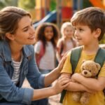 Félénk fiú, aki teddy mackót tart a karjaiban, édesanyja bátorítja.