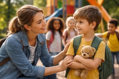 Félénk fiú, aki teddy mackót tart a karjaiban, édesanyja bátorítja.