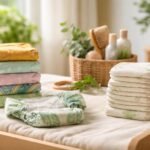 Mosható és öko eldobható pelenkák egy pelenkázóasztalon.