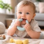 Baba fogzás során, rágókával a szájában, nyüzsgő és boldog.