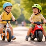 Két kisfiú egyensúlyozás közben futóbiciklivel és kismotorral a parkban.