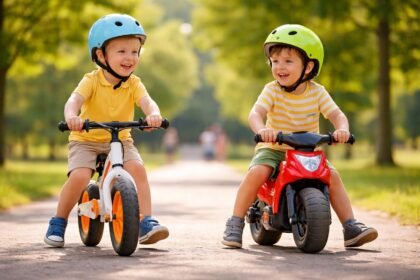 Két kisfiú egyensúlyozás közben futóbiciklivel és kismotorral a parkban.