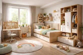 Modern gyerekszoba állítható ággyal és bővíthető tárolókkal.