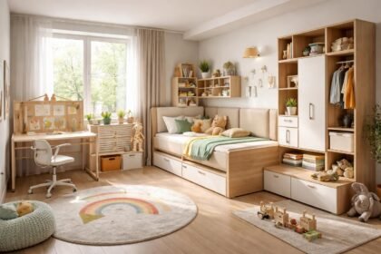 Modern gyerekszoba állítható ággyal és bővíthető tárolókkal.