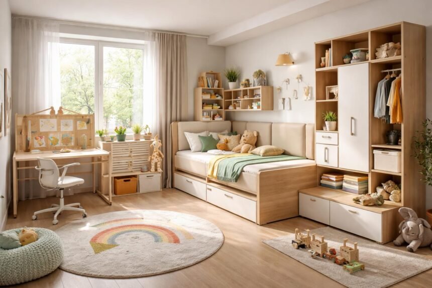 Modern gyerekszoba állítható ággyal és bővíthető tárolókkal.
