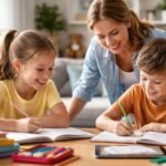 Gyerekek házi feladatot írnak szüleik felügyeletével