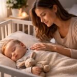 Anya altatja a babáját, aki békésen alszik a kiságyban.