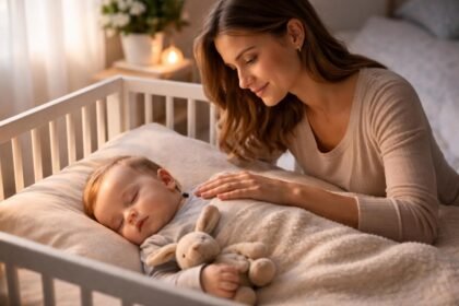 Anya altatja a babáját, aki békésen alszik a kiságyban.