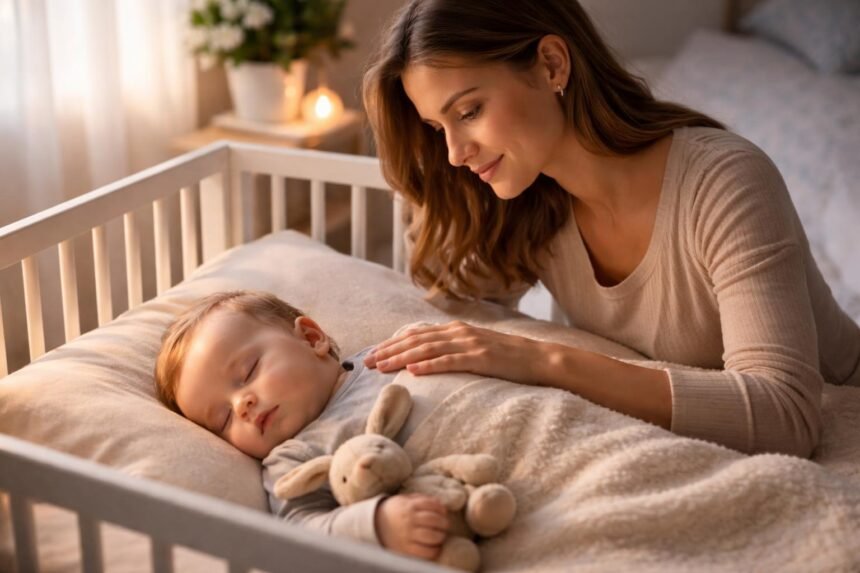 Anya altatja a babáját, aki békésen alszik a kiságyban.