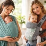 Két nő különböző hordozóeszközökkel tartja babáikat.