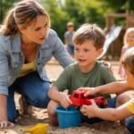 Egy szülő segít két gyermeknek a homokozóban, konfliktust kezelve.