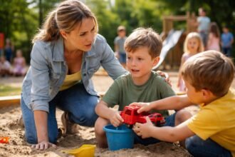 Egy szülő segít két gyermeknek a homokozóban, konfliktust kezelve.