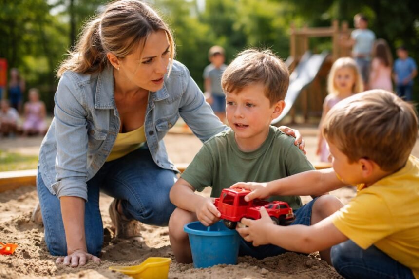 Egy szülő segít két gyermeknek a homokozóban, konfliktust kezelve.