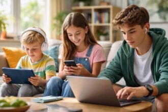 Gyerekek képernyőt használnak otthon, szabályok alapján.
