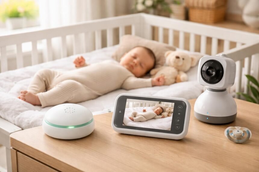 Bébiőr és légzésfigyelő: kisbaba a kiságyban