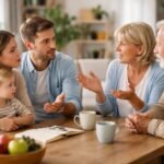 Családi beszélgetés nagyszülők és szülők között nevelési elvekről.