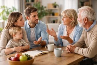 Családi beszélgetés nagyszülők és szülők között nevelési elvekről.