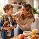 Édesanya segít a fiának reggel a készülődésben, mielőtt iskolába indulna.