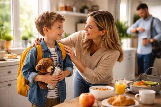 Édesanya segít a fiának reggel a készülődésben, mielőtt iskolába indulna.