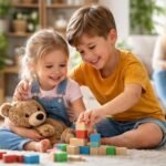 Két testvér boldogan játszik építőkockákkal a szőnyegen.