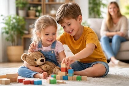 Két testvér boldogan játszik építőkockákkal a szőnyegen.