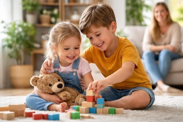 Két testvér boldogan játszik építőkockákkal a szőnyegen.