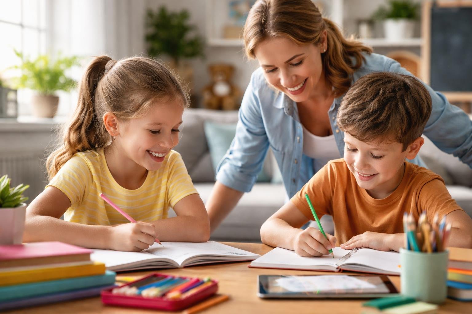 Gyerekek házi feladatot írnak szüleik felügyeletével