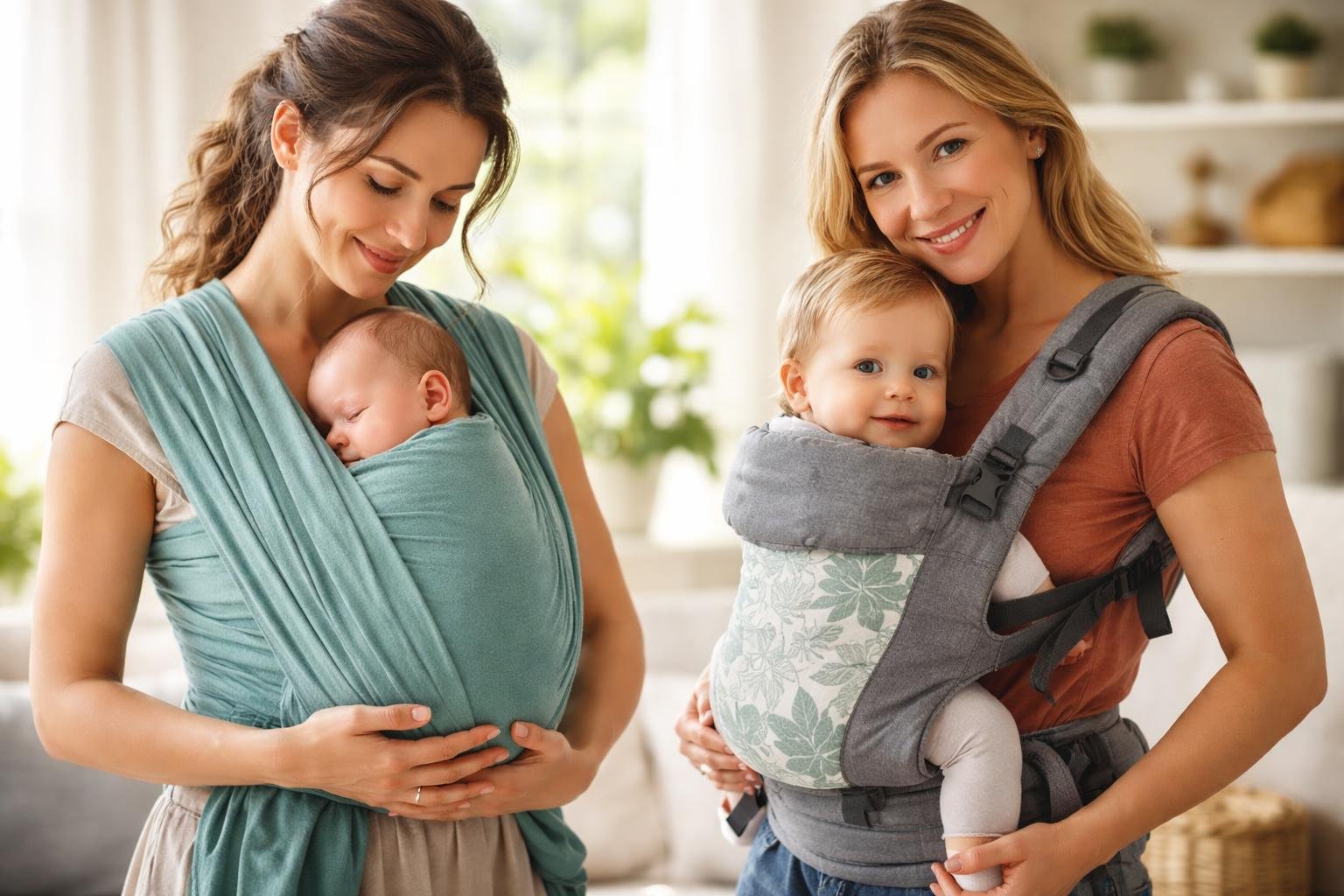 Két nő különböző hordozóeszközökkel tartja babáikat.