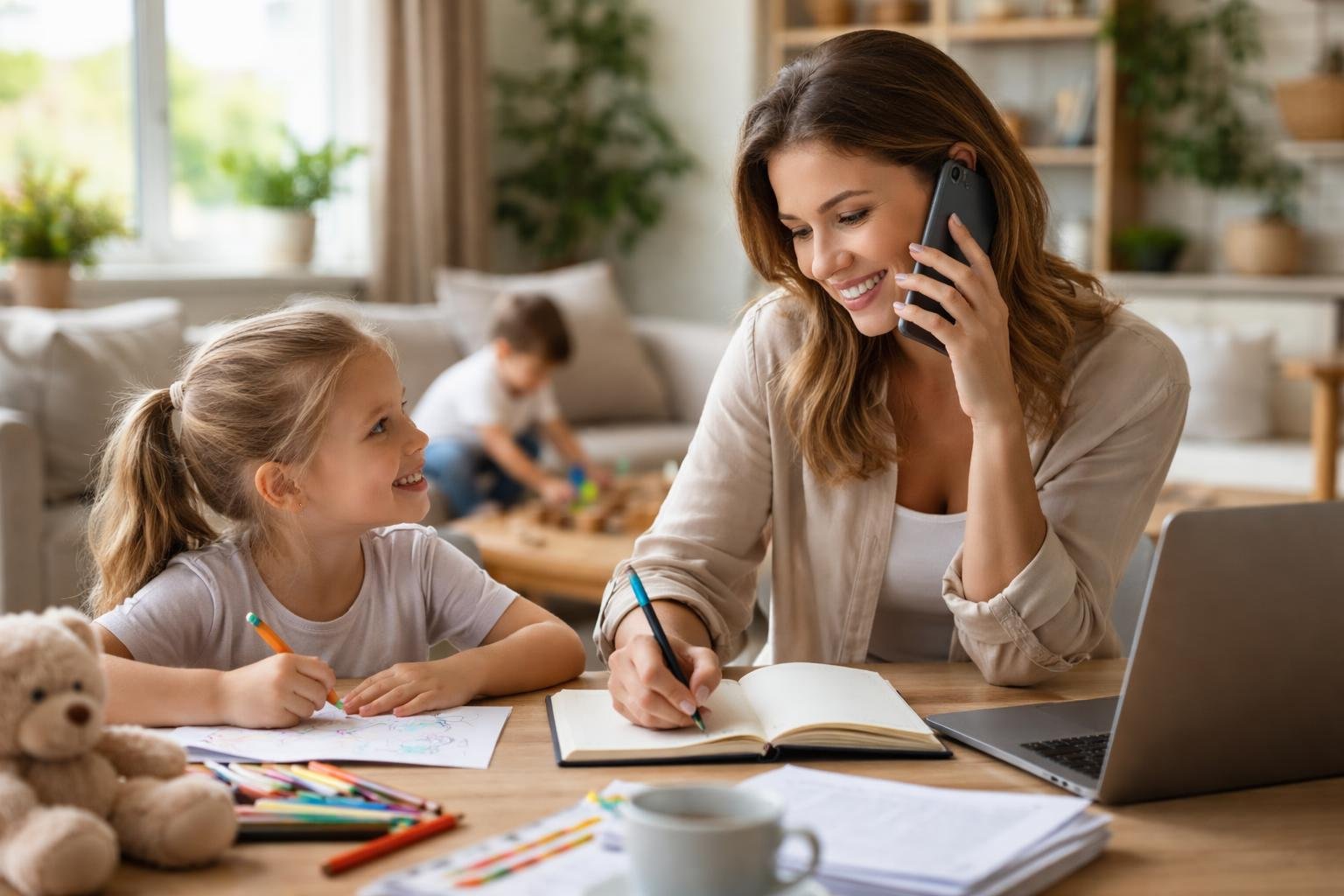 Dolgozó anya telefonál és gyerekével játszik otthon