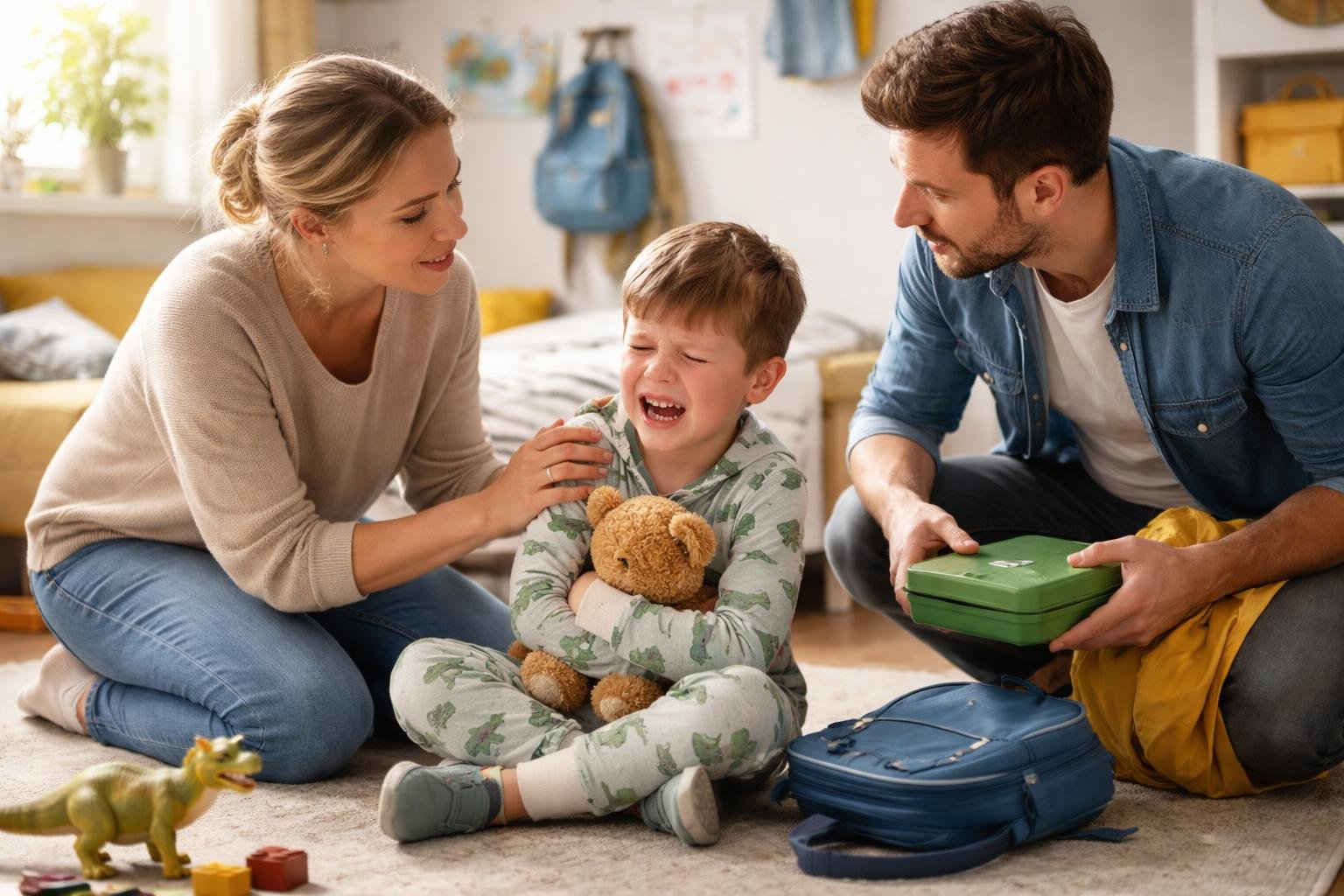 Egy kisfiú, aki nem akar iskolába menni, szülei mellett ül.