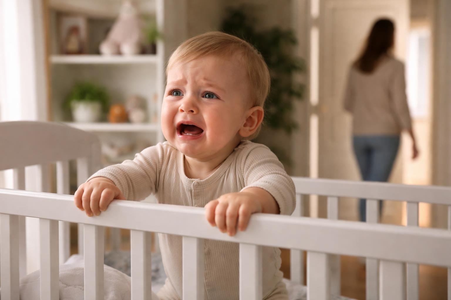 Baba sír, amikor az anya elhagyja a szobát, szeparációs szorongás.